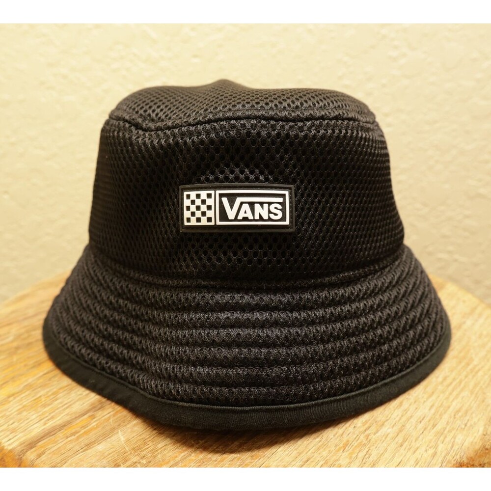 Vans Black Mesh Bucket Hat Checkerboard Rubber Patch Logo Unisex VN0A4DRWBLK